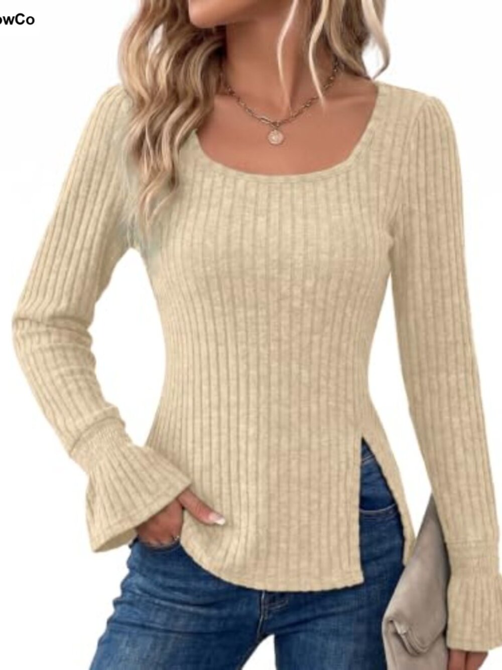 Sixstar Women's Ribbed Knit Bell Long Sleeve Square Neck Sweater Top